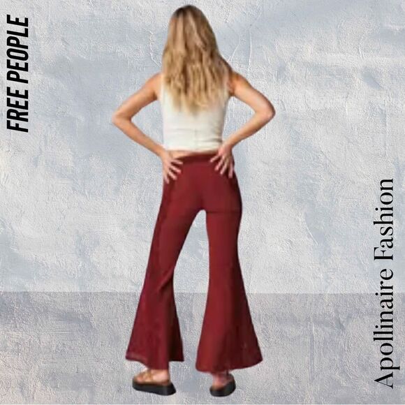 FREE PEOPLE NEPTUNE’S NET CROCHET FLARE PANTS IN WASHED WINE NWT - Picture 5 of 10